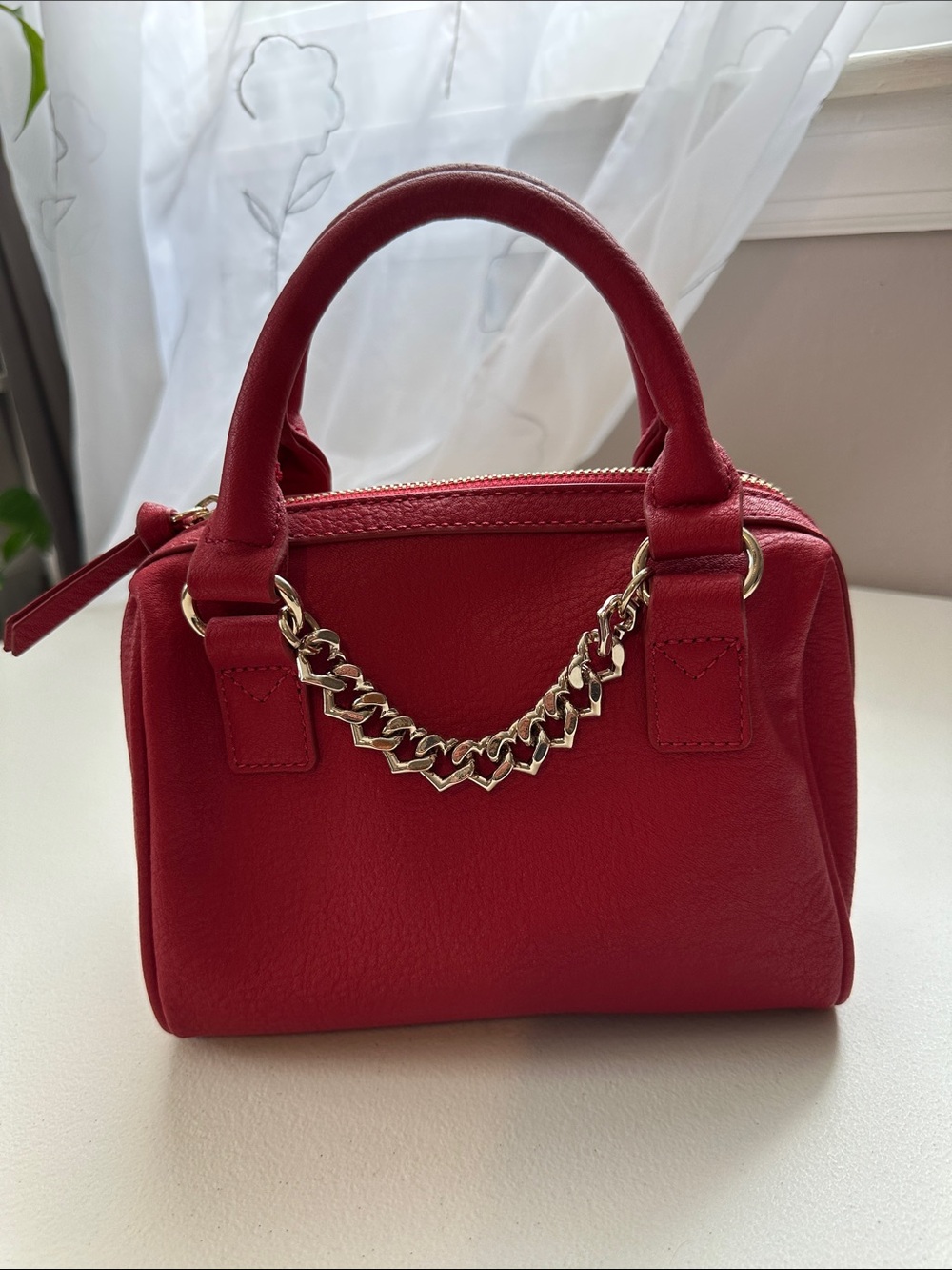 LC Lauren Conrad Red Mini Top-Handle Satchel with Gold Chain Accent